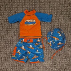 Baby Boy 3pc Swim Set with Surf Van Design - Blue /Orange 12/18 M